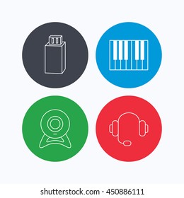 Web camera, headphones and Usb flash icons. Piano linear sign. Linear icons on colored buttons. Flat web symbols. Vector