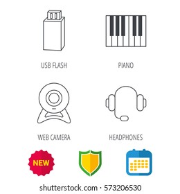 Web camera, headphones and Usb flash icons. Piano linear sign. Shield protection, calendar and new tag web icons. Vector