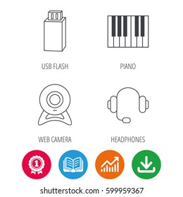 Web camera, headphones and Usb flash icons. Piano linear sign. Award medal, growth chart and opened book web icons. Download arrow. Vector