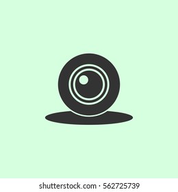 Web camera icon flat. Grey vector symbol on green background