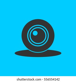 Web camera icon flat. Simple vector black pictogram on blue background