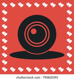Web camera icon flat. Simple black pictogram on red background with white hearts for valentines day. Vector illustration symbol