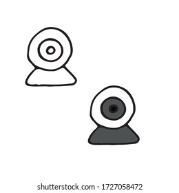 Web camera for making video calls and conferences. Simple vector illustration in cartoon doodle style. Concept of safety, communication, social network, security, alarm, movement sensor