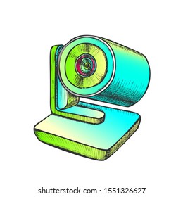 Web Camera Modern Digital Gadget Color Vector. Camera For Internet Video Communication. Technological Accessory Engraving Concept Template Hand Drawn In Vintage Style Illustration
