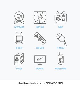 Web camera, radio and mobile phone icons. Monitor, PC case and TV remote linear signs. Hard disk and PC mouse icons. Linear set icons on white background.