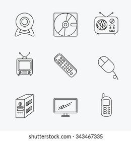 Web camera, radio and mobile phone icons. Monitor, PC case and TV remote linear signs. Hard disk and PC mouse icons. Linear black icons on white background.