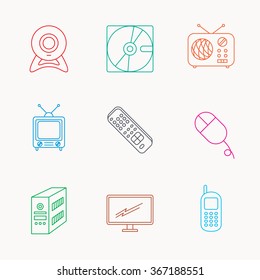 Web camera, radio and mobile phone icons. Monitor, PC case and TV remote linear signs. Hard disk and PC mouse icons. Linear colored icons.
