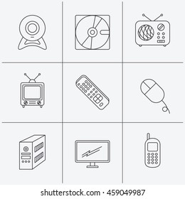 Web camera, radio and mobile phone icons. Monitor, PC case and TV remote linear signs. Hard disk and PC mouse icons. Linear icons on white background. Vector