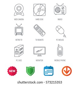 Web camera, radio and mobile phone icons. Monitor, PC case and TV remote linear signs. Hard disk and PC mouse icons. New tag, shield and calendar web icons. Download arrow. Vector