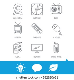 Web camera, radio and mobile phone icons. Monitor, PC case and TV remote linear signs. Hard disk and PC mouse icons. Light bulb, speech bubble and leaf web icons. Vector