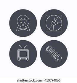 Web camera, retro TV and hard disk icons. TV remote linear sign. Flat icons in circle buttons on white background. Vector