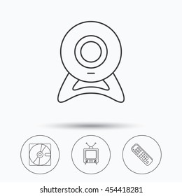 Web camera, retro TV and hard disk icons. TV remote linear sign. Linear icons in circle buttons. Flat web symbols. Vector