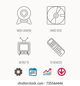 Web camera, retro TV and hard disk icons. TV remote linear sign. Calendar, Graph chart and Cogwheel signs. Download colored web icon. Vector