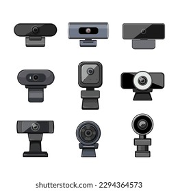 caricatura de conjunto de cámaras web. tecnología digital, lente de equipo, negocios de internet, señal de cámara web de cámara de computadora. ilustración vectorial de símbolo aislado