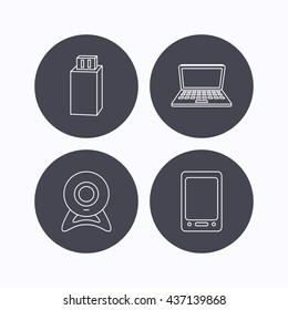 Web camera, USB flash and notebook laptop icons. Tablet PC linear sign. Flat icons in circle buttons on white background. Vector