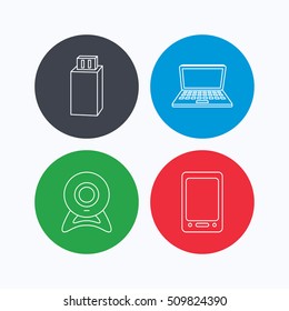Web camera, USB flash and notebook laptop icons. Tablet PC linear sign. Linear icons on colored buttons. Flat web symbols. Vector