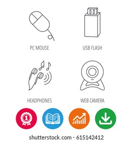 Web camera, USB flash and PC mouse icons. Headphones linear sign. Award medal, growth chart and opened book web icons. Download arrow. Vector