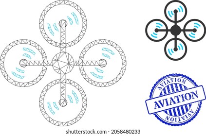 Icono vectorial de copter de aire de canal de la web y sello de sello corroido AVIATION redondo azul. La impresión de AVIATION utiliza formas redondeadas y color azul. Carcasa plana de 2d creada a partir del icono del filtro de aire.