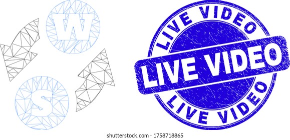 Los caracteres del alfabeto de canales web intercambian pictograma y sello de sello de vídeo en vivo. Sello de distrés redondo de vector azul con mensaje de vídeo en vivo.