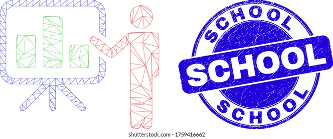 Web carcass bar chart public report pictogram and School seal stamp. Blue vector round scratched stamp with School phrase.