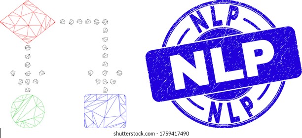 Web carcass block diagram icon and Nlp seal. Blue vector round textured seal stamp with Nlp text. Abstract carcass mesh polygonal model created from block diagram icon.