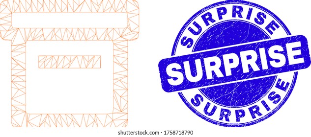 Icono de la caja de canales web y sello de sello de sorpresa. Sello de textura de vector azul con frase sorpresa. Resumen modelo poligonal de malla de la canal creado a partir del pictograma de caja.