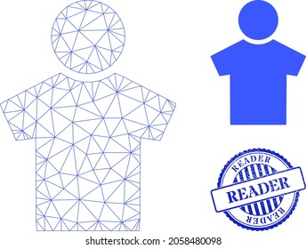 Web carcass boy vector icon, and blue round READER unclean stamp imitation. READER stamp uses round template and blue color. Flat 2d model created from boy icon. Abstract carcass mesh polygonal boy.