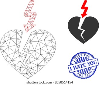 Web carcass break heart vector icon, and blue round I HATE YOU rubber print. I HATE YOU stamp seal uses round template and blue color. Flat 2d carcass created from break heart icon.