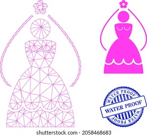 Web carcass bride vector icon, and blue round WATER PROOF rubber stamp print. WATER PROOF stamp uses round shape and blue color. Flat 2d carcass created from bride icon.