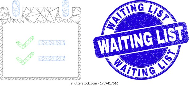 Web carcass calendar page tasks pictogram and Waiting List seal stamp. Blue vector rounded textured seal stamp with Waiting List phrase.
