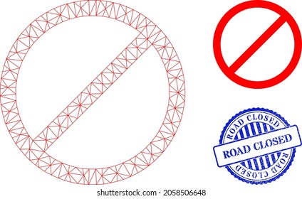 Web carcass cancel vector icon, and blue round ROAD CLOSED dirty seal. ROAD CLOSED stamp seal uses round template and blue color. Flat 2d model created from cancel icon.