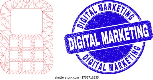 Web carcass cellphone icon and Digital Marketing watermark. Blue vector rounded textured watermark with Digital Marketing message. Abstract carcass mesh polygonal model created from cellphone icon.