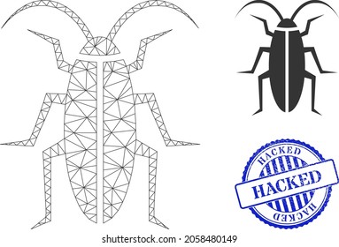 Web carcass cockroach vector icon, and blue round HACKED grunge stamp imitation. HACKED stamp seal uses round shape and blue color. Flat 2d model created from cockroach icon.