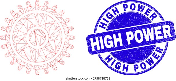 Web carcass cog icon and High Power seal stamp. Blue vector rounded distress seal stamp with High Power caption. Abstract carcass mesh polygonal model created from cog icon.