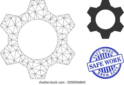 Web carcass cog vector icon, and blue round SAFE WORK rough stamp. SAFE WORK imprint uses round form and blue color. Flat 2d carcass created from cog pictogram. Abstract carcass mesh polygonal cog.