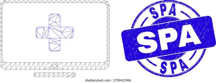 Web carcass computer medicine pictogram and Spa seal stamp. Blue vector rounded scratched seal with Spa text. Abstract carcass mesh polygonal model created from computer medicine pictogram.