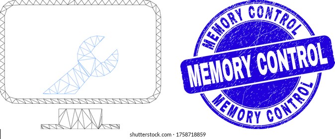 Web carcass computer settings wrench icon and Memory Control seal stamp. Blue vector rounded textured seal stamp with Memory Control title.