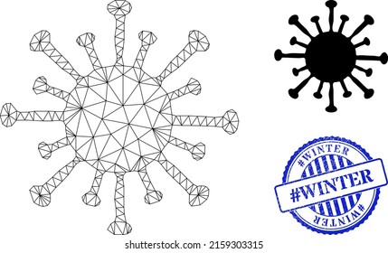 Webcarcass Coronavirus Vektorsymbol, und blaues rundes Hashtag WINTER Gummi Stempel-Siegel. Hashtag WINTER-Siegel verwendet runde Vorlage und blaue Farbe. Flaches 2d-Modell, das aus dem Coronavirus-Symbol erstellt wurde.
