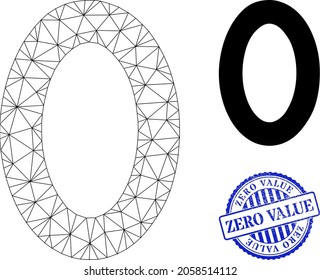 Web carcass digit zero vector icon, and blue round ZERO VALUE corroded stamp seal. ZERO VALUE stamp seal uses round form and blue color. Flat 2d carcass created from digit zero icon.