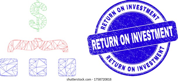 Web carcass dollar aggregation pictogram and Return on Investment stamp. Blue vector rounded textured seal stamp with Return on Investment phrase.