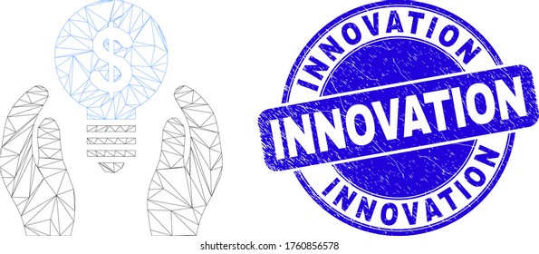 Webcarcass Dollar Bulb Pflege Hände Icon und Innovation Siegel. Blauer, abgerundeter, strukturierter Stempel mit Innovationsbotschaft. Abstraktes Rahmennetz polygonal Modell erstellt aus Dollar Bulb Pflege Hände Symbol.