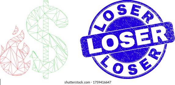 Pictograma de fuego en dólares de canal web y sello de sellado perdedor. Sello de sellado de distrés circular con vector azul con mensaje de pérdida. Resumen modelo poligonal de malla de la canal creado a partir del pictograma de fuego en dólares.