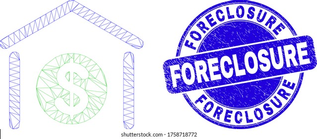 Web carcass dollar garage bank icon and Foreclosure stamp. Blue vector rounded grunge stamp with Foreclosure message. Abstract frame mesh polygonal model created from dollar garage bank icon.