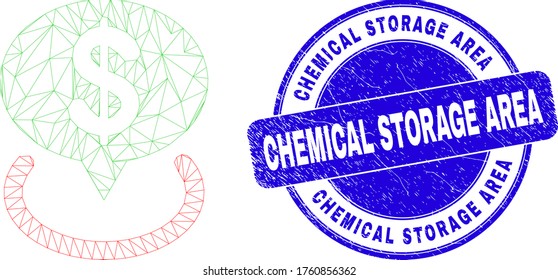 Web carcass dollar placement pictogram and Chemical Storage Area seal stamp. Blue vector round grunge seal stamp with Chemical Storage Area title.