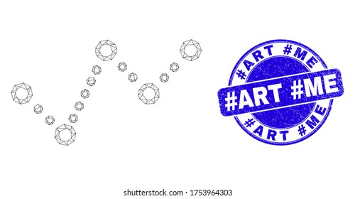 Web carcass dotted trend chart icon and #Art #Me seal stamp. Blue vector rounded scratched seal with #Art #Me phrase. Abstract carcass mesh polygonal model created from dotted trend chart pictogram.
