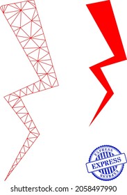 Icono vectorial de ataque eléctrico de canal de la web y impresión de caucho texturizado de color azul redondo EXPRESS. La marca de agua EXPRESS utiliza formas redondeadas y color azul. Carcasa plana de 2d creada a partir del icono de ataque eléctrico.