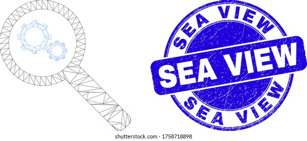 Web carcass explore gears icon and Sea View stamp. Blue vector rounded distress stamp with Sea View text. Abstract frame mesh polygonal model created from explore gears icon.