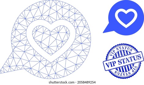 Web carcass favourite heart message vector icon, and blue round VIP STATUS dirty seal. VIP STATUS stamp seal uses round form and blue color. Flat 2d carcass created from favourite heart message icon.