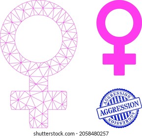 Web carcass female symbol vector icon, and blue round AGGRESSION scratched stamp seal. AGGRESSION stamp seal uses round shape and blue color. Flat 2d carcass created from female symbol icon.