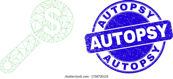 Web carcass financial audit pictogram and Autopsy seal stamp. Blue vector round distress seal stamp with Autopsy message. Abstract frame mesh polygonal model created from financial audit pictogram.
